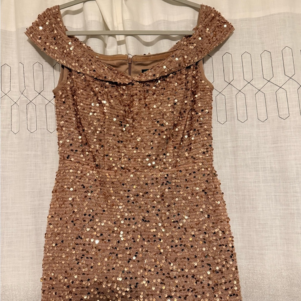 Elegant Rose Gold/Blush Sequin Off-Shoulder Dress - Picture 3 of 8